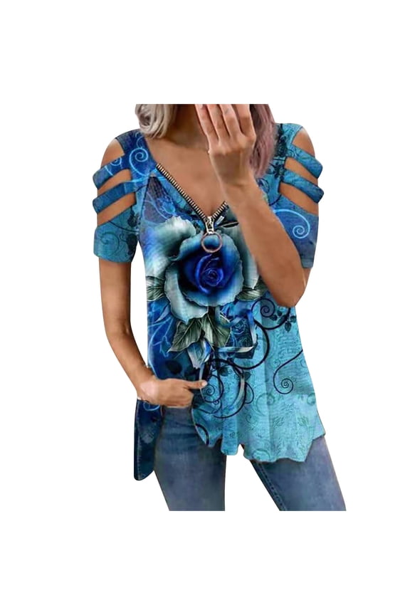 Ichuanyi Womens Tops, Summer Women Low-cut Hollow V-neck Zipper Short Sleeve Print Short-sleeved T-shirt Top