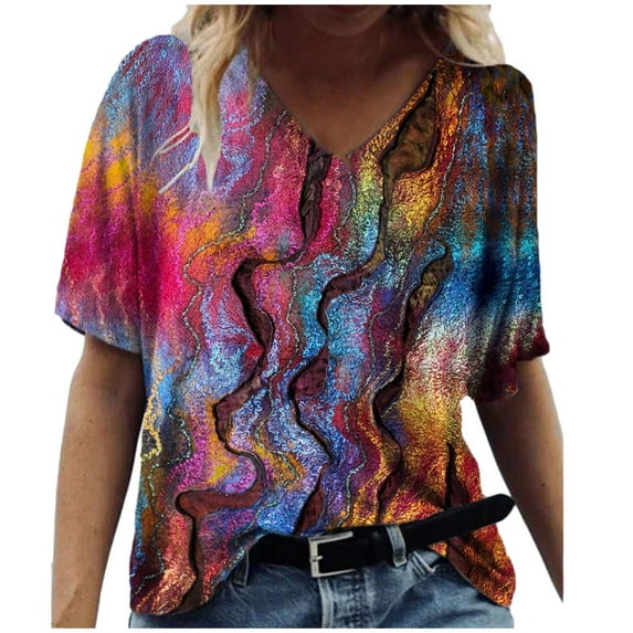 Ichuanyi Womens Tops, Summer Clearance Women Summer Fashion Short Sleeve V-neck Printing Casual Blouse T-shirt Tops