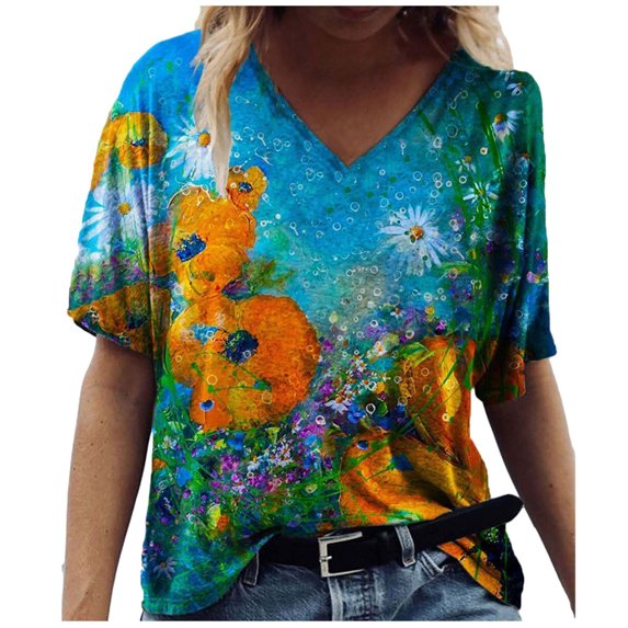 Ichuanyi Womens Tops, Summer Clearance Women Summer Fashion Short Sleeve V-neck Printing Casual Blouse T-shirt Tops
