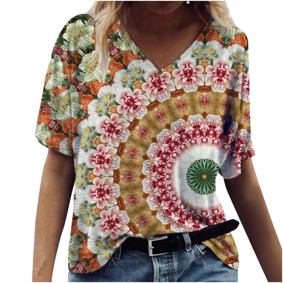 Ichuanyi Womens Tops, Summer Clearance Women V-Neck Short Sleeve T-shirt Top Floral Print Casual Loose Blouse