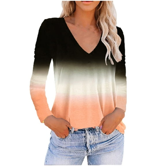 Ichuanyi Womens Tops, Summer Women's Casual Loose V-Neck Tie-Dye Printing Long Sleeve Blouse T-shirt Tops