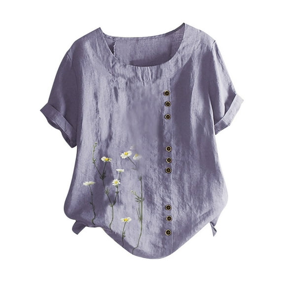 Ichuanyi Womens Tops, Summer Women's Casual O-Neck Short Sleeve Buttons Tees Floral Printing Loose Shirt Tops