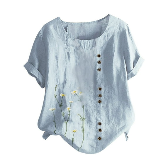 Ichuanyi Womens Tops, Summer Clearance Women's Casual O-Neck Short Sleeve Buttons Tees Floral Printing Loose Shirt Tops