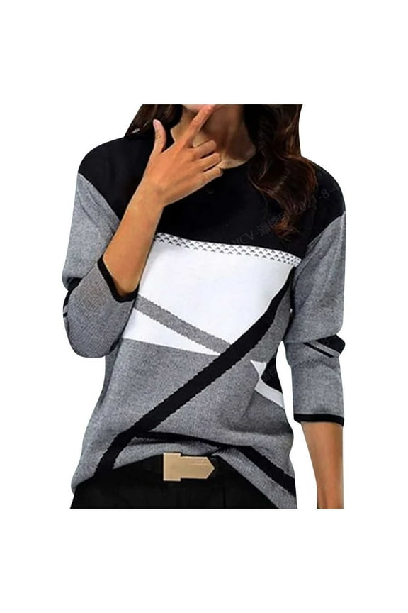 Ichuanyi Womens Tops, Summer Women's Fashion Casual O-Neck Stitching Contrast Color Long Sleeve T-shirt Blouse