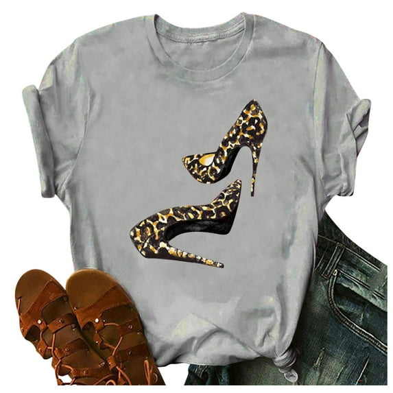 Ichuanyi Womens Tops, Summer Clearance Women's Fashion High Heels Print Tops Short Sleeve T-Shirt Casual Blouse