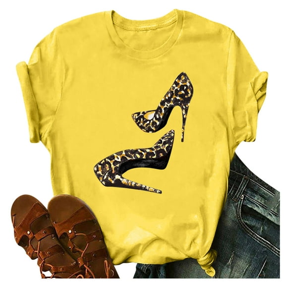 Ichuanyi Womens Tops, Summer Clearance Women's Fashion High Heels Print Tops Short Sleeve T-Shirt Casual Blouse