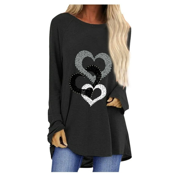 Ichuanyi Womens Tops, Summer Women's Fashion Valentine's Day Printed Round Neck Long Sleeve Loose T-shirt Top