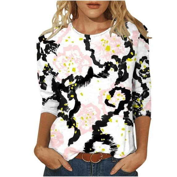 Ichuanyi Womens Tops, Summer Women's Print 3/4 Sleeve Tops Loose Blouse Casual O-Neck Tee Shirts Tunic