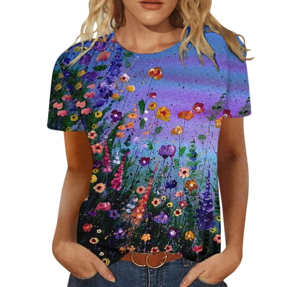 Ichuanyi Womens Tops, Summer Clearance Women's Print Short Sleeve Tops Loose Blouse Casual O-Neck Tee Shirts Tunic