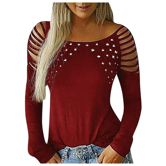 Ichuanyi Womens Tops, Summer Women's Sexy Off Shoulder Long Sleeve Hot Drilling Solid Hollow Out O-Neck T-shirt Blouse Tops