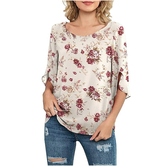 Ichuanyi Womens Tops, Summer Womens Casual Floral printed O-Neck Loose 3/4 Sleeve Chiffon Blouse Tops
