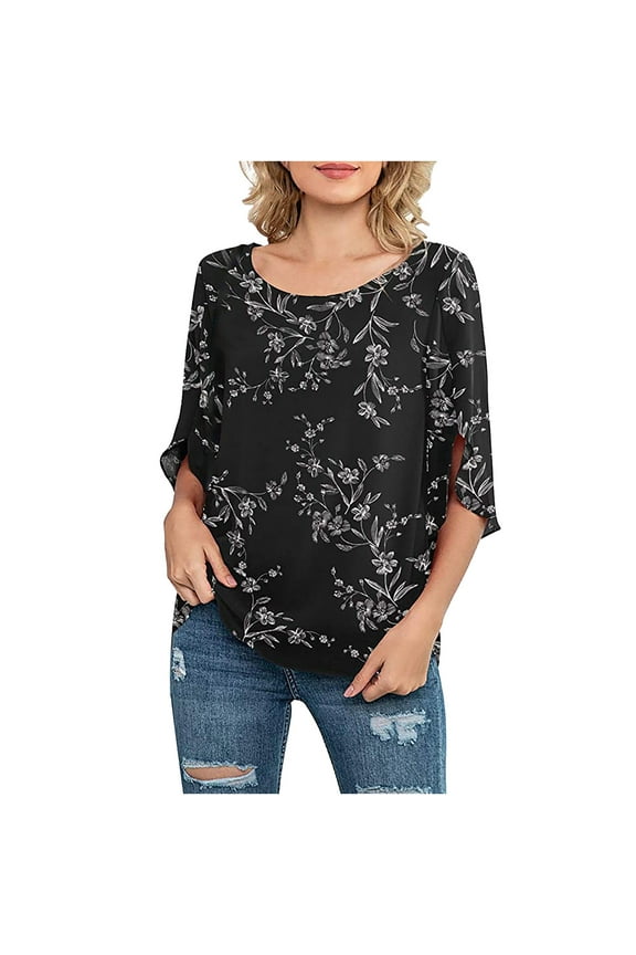 Ichuanyi Womens Tops, Summer Womens Casual Floral printed O-Neck Loose 3/4 Sleeve Chiffon Blouse Tops