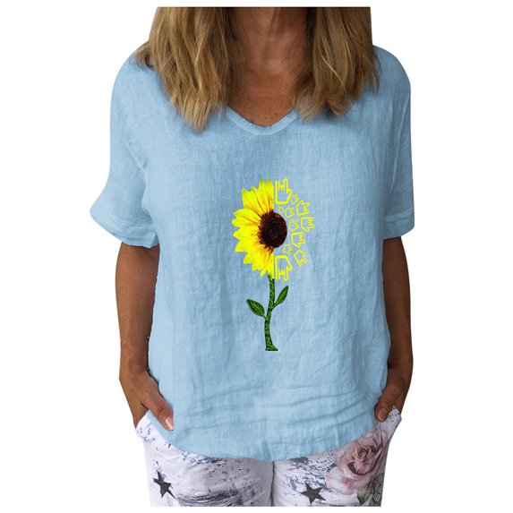 Ichuanyi Womens Tops, Summer Clearance Womens Short Sleeve Sunflower Printed V-Neck Tops T-Shirt Loose Casual Blouse