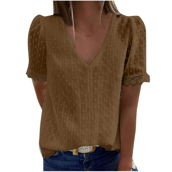 Ichuanyi Womens Tops Summer Fashion Women Casual Solid Short Sleeve V-Neck Lace T-Shirt Blouse Tops