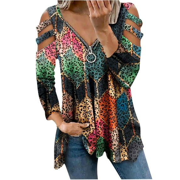Ichuanyi Womens Tops, Summer Fashion Women Printed Long Sleeve V-Neck Zipper Casual Tops T-shirt
