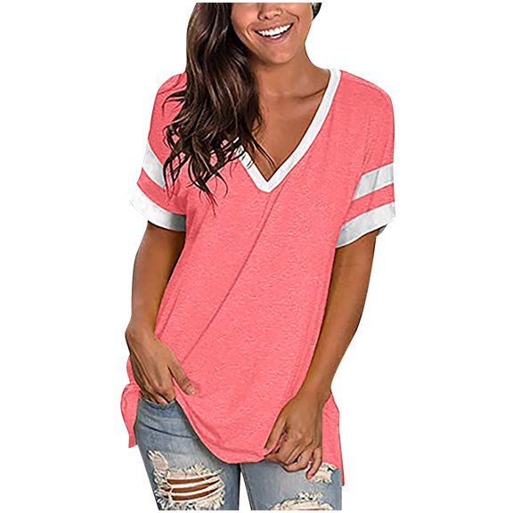 Ichuanyi Womens Tops, Summer Fashion Womens Stripe Splicing T-Shirts V-Neck Casual Short Sleeves Casual Tops