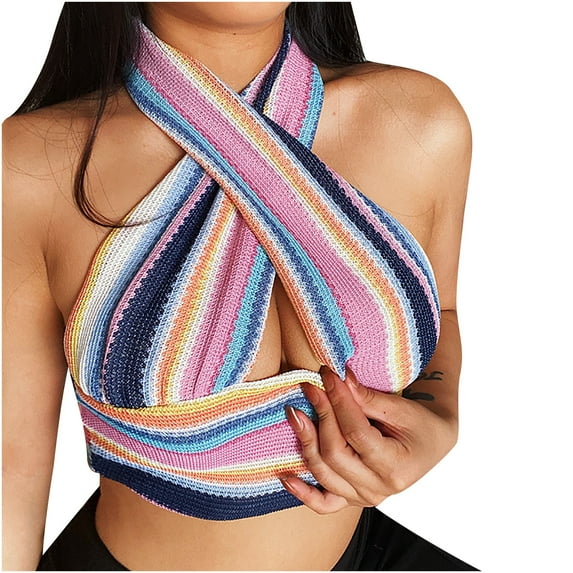 Ichuanyi Womens Tops Summer Ladies Color Striped Sleeveless Sexy Halter Halter Slim Knit Cross Top