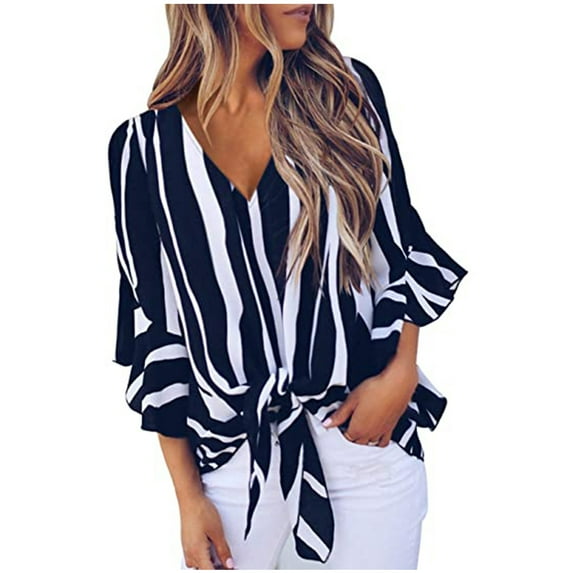 Ichuanyi Womens Tops, Summer Ladies Fashion Printed Sexy V-Neck Chiffon Striped Knotted Casual Shirt Top