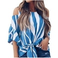 thumbnail image 1 of Ichuanyi Womens Tops Summer Women Blouse Striped T-Shirts Off Shoulder Waist Tie Short Sleeve Casual Tops, 1 of 7