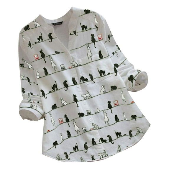 Ichuanyi Womens Tops, Summer Women Casual Cat Print Long Sleeve V-Neck Button Loose Shirt Top Blouse
