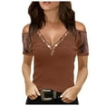 thumbnail image 1 of Ichuanyi Womens Tops Summer Women Casual V-neck Hot Drilling Cold Shoulder Net Yarn Short Sleeve Solid T-Shirt Tops, 1 of 5