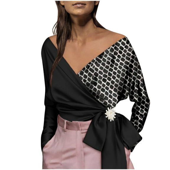 Ichuanyi Womens Tops Summer Women Elegant Irregular Shirt Printed V-Neck Long Sleeve Bandage Blouse Tunic Bow Tops