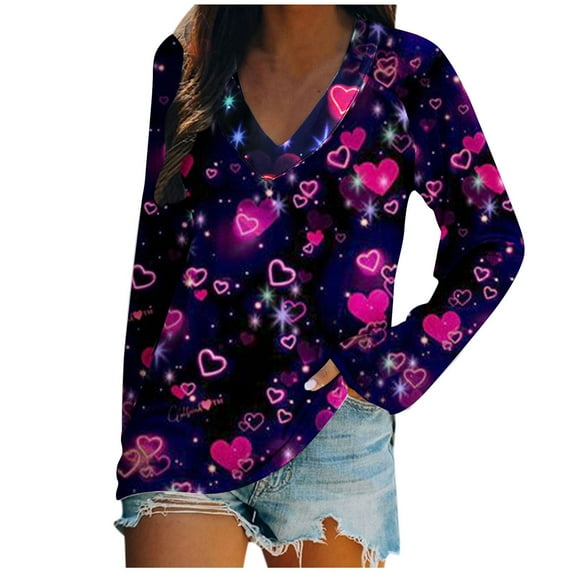 Ichuanyi Womens Tops, Summer Women Fashion Casual Loose Valentine's Day Print Full Sleeve V Neck Blouse Pullover