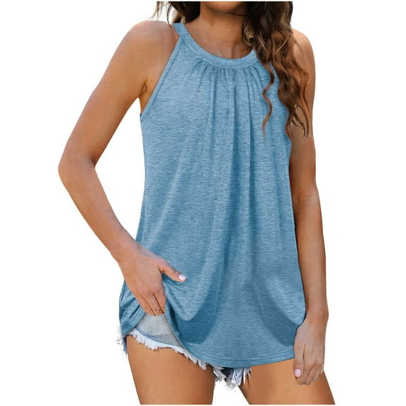 Ichuanyi Womens Tops, Summer Women Solid Sleeveless O-neck Halter Tops Pleated Pullover Vest Tank Tops Shirts Blouse