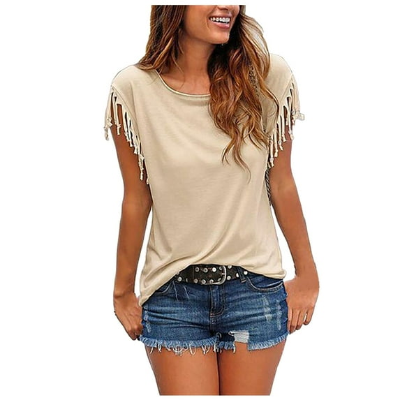 Ichuanyi Womens Tops, Summer Women's Casual Fashion Loose Tassel Sleeves Multicolor Short-Sleeved T-Shirt