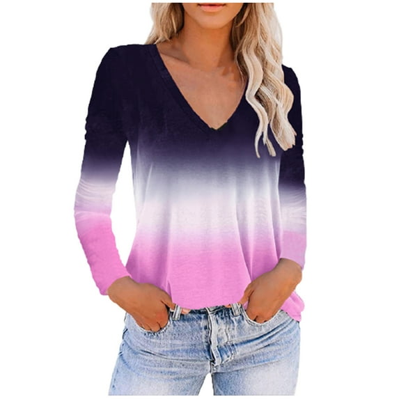 Ichuanyi Womens Tops, Summer Women's Casual Loose V-Neck Tie-Dye Printing Long Sleeve Blouse T-shirt Tops