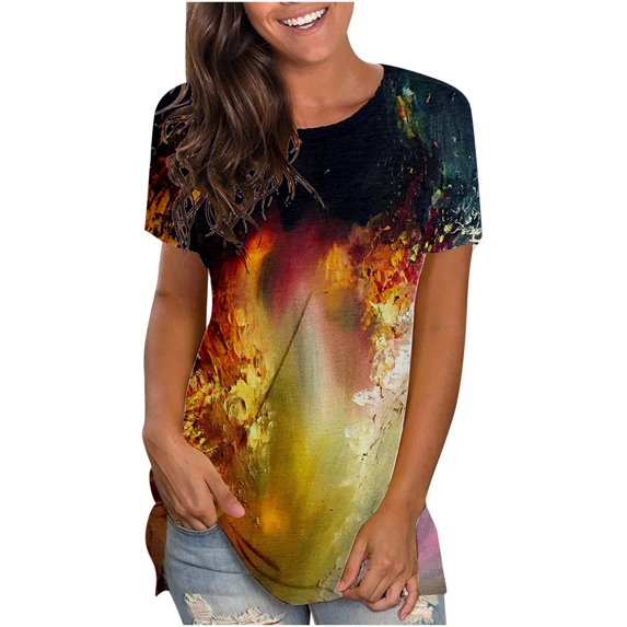Ichuanyi Womens Tops, Summer Women's Fashion Casual Round-Neck Digital Print Short Sleeve T-Shirt Top Blouse