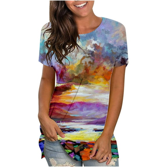 Ichuanyi Womens Tops, Summer Women's Fashion Casual Round-Neck Digital Print Short Sleeve T-Shirt Top Blouse