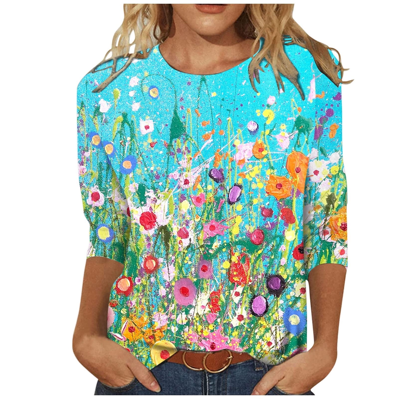 Women Summer Casual Colorblock Dot O Neck T Shirt