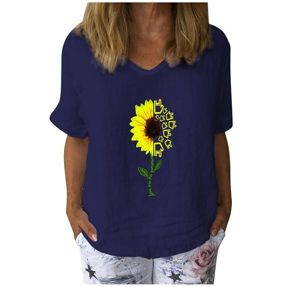 Ichuanyi Womens Tops, Summer Womens Short Sleeve Sunflower Printed V-Neck Tops T-Shirt Loose Casual Blouse