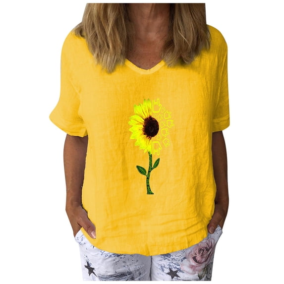 Ichuanyi Womens Tops, Summer Womens Short Sleeve Sunflower Printed V-Neck Tops T-Shirt Loose Casual Blouse