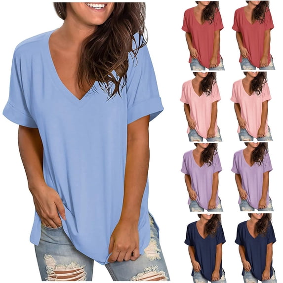Ichuanyi Womens Tops V Neck Solid T Shirt Blouse Loose Fashion Outfits Spring Summer Essentials 2026
