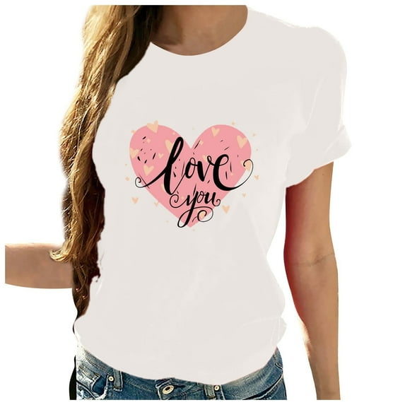 Ichuanyi Womens Tops, Women Valentine's Day Casual Short Sleeve O Neck Letter Print Heart-shaped Tops