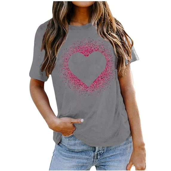 Ichuanyi Womens Tops, Women Valentine's Day Casual Short Sleeve O Neck Letter Print Heart-shaped Tops