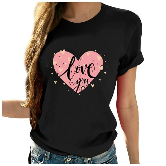 Ichuanyi Womens Tops, Women Valentine's Day Casual Short Sleeve O Neck Letter Print Heart-shaped Tops