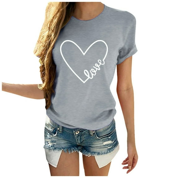 Ichuanyi Womens Tops, Women Valentine's Day Casual Short Sleeve O Neck Letter Print Heart-shaped Tops