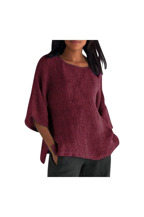 Ichuanyi Womens Tops Women's Ladies Fashion Cropped Sleeves Round Neck Cotton Loose Shirt Blouse