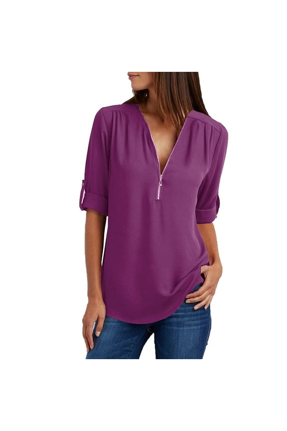 Ichuanyi Womens Tops Women's Summer Shirts Zip Casual Tunic V-Neck Rollable Blouse Tops T-Shirt