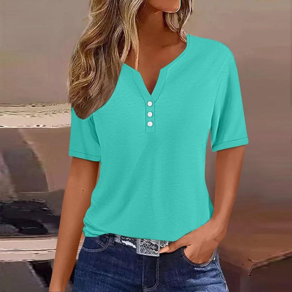 Ichuanyi Womens V Neck Tops Basic Button T-Shirts Solid Tee Blouses Fit Pullover Medium Short Sleeve