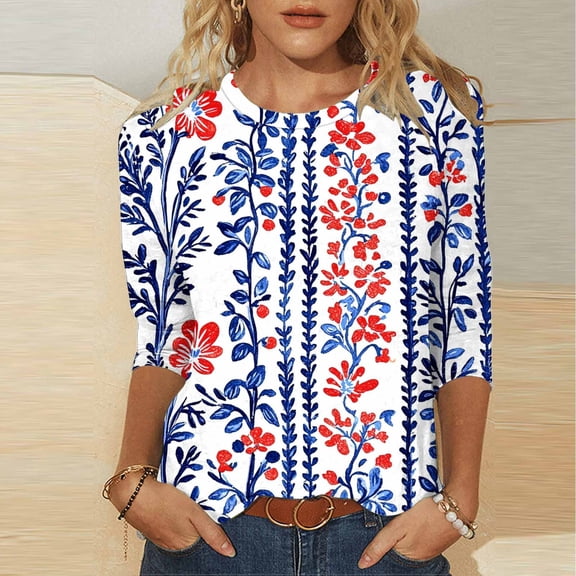 IchuanyiFashion Women's Casual Print Round Neck 3/4 Sleeve T-shirt Blouse