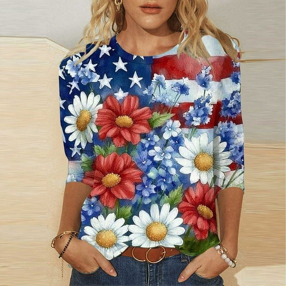 IchuanyiFashion Women's Casual Print Round Neck 3/4 Sleeve T-shirt Blouse