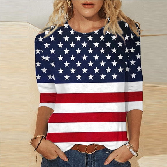 IchuanyiIndependence Day Womens Shirts , Womens Fashion Round Neck Casual Three Quarter Independence Day Print Tops T-shirt Blouse