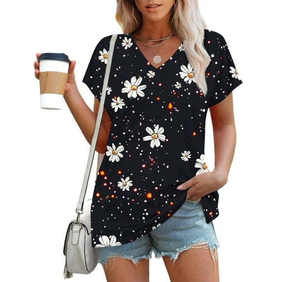 IchuanyiVintage Flowers V Neck Shirt for Women Boho Floral Wildflowers Graphic Tee Casual Cottagecore Summer T Shirt