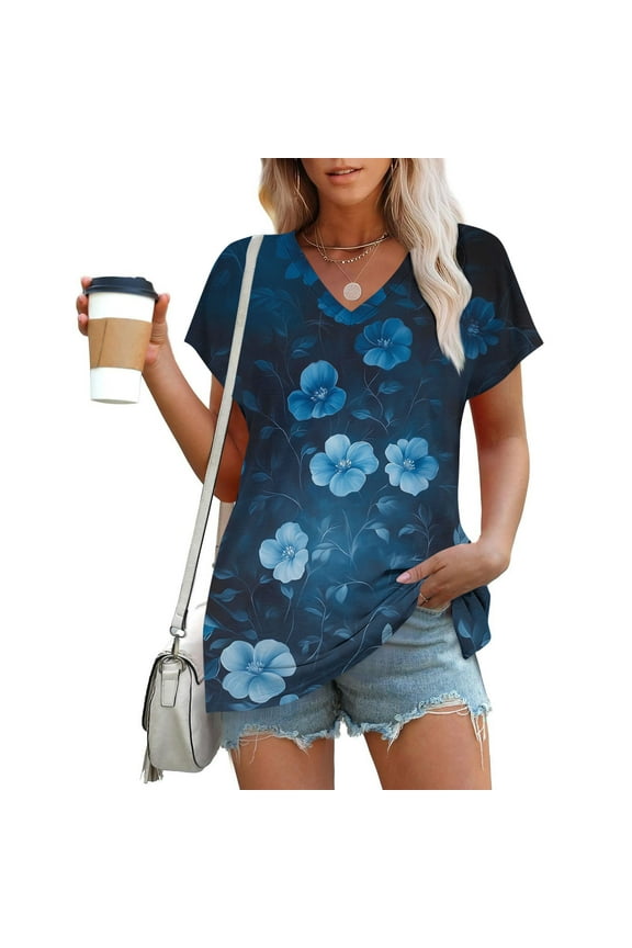 IchuanyiVintage Flowers V Neck Shirt for Women Boho Floral Wildflowers Graphic Tee Casual Cottagecore Summer T Shirt