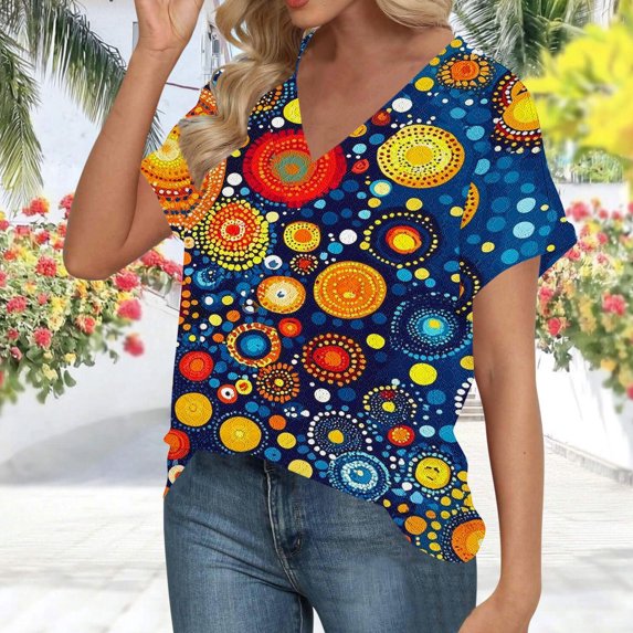IchuanyiWomens Printed Tops 2025 Spring Summer Short Sleeve V Neck T Shirts Casual Tee with Side Shirring