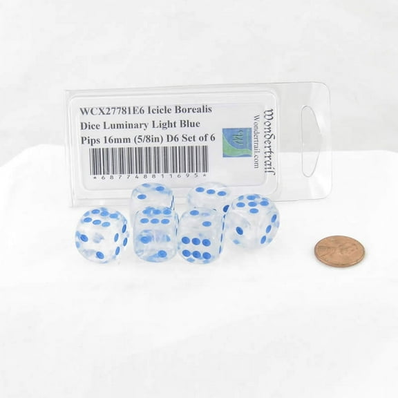 Icicle Borealis Dice Luminary with Light Blue Pips 16mm (5/8in) D6 Set of 6 Wondertrail